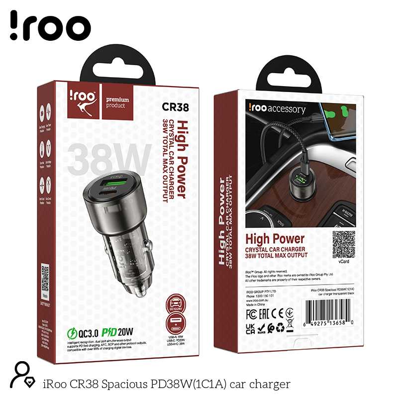 iRoo CR38 | Fast 38W Dual Ports (1C/1A) Car Charger