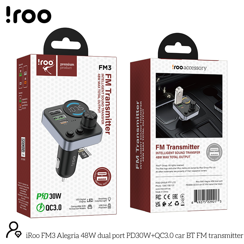 iRoo FM3 | 48W Bluetooth FM Transmitter /w Mic